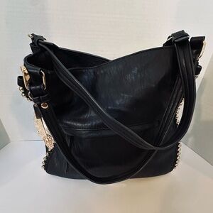 Jessica Simpson Large Black Hobo Shoulder Handbag with Goldtone Accents Pristine